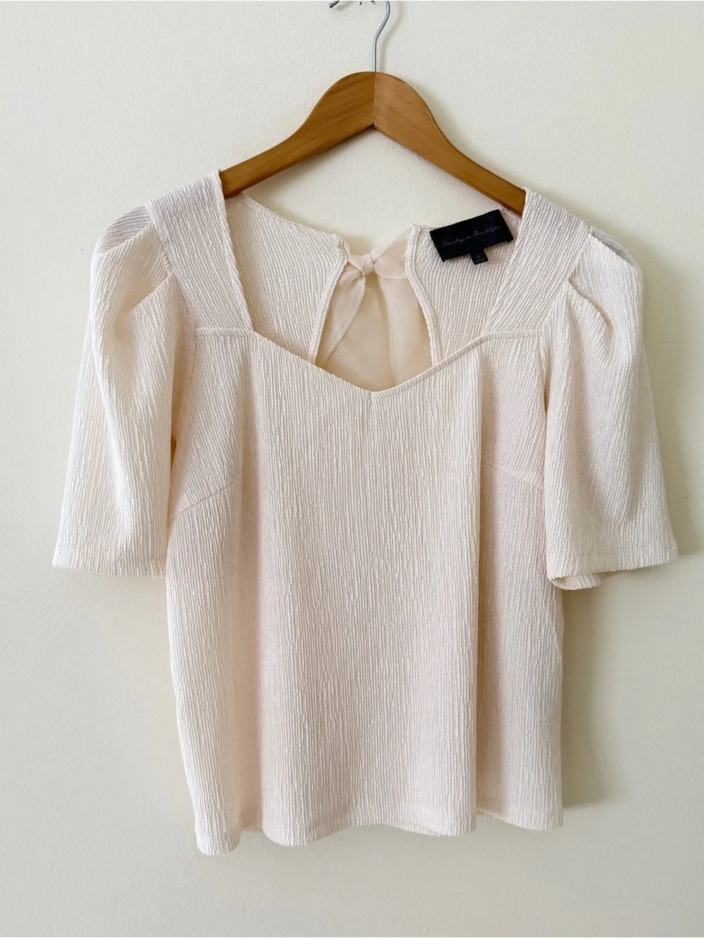 Like New Anthropologie Cream Textured Square-Neck Puff Sleeve Top